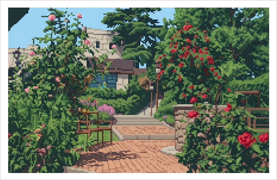 Pixel-art garden at Casa de Burgos, with rose bushes and a brick path