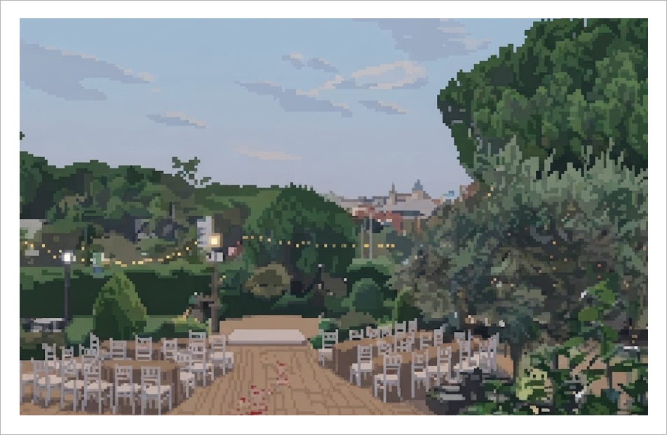 Pixel-art ceremony lawn at Casa de Burgos, with white chairs and string lights