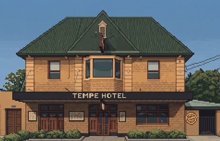 Pixel-art illustration of the front of the Tempe Hotel, a two-storey brick pub with a green roof