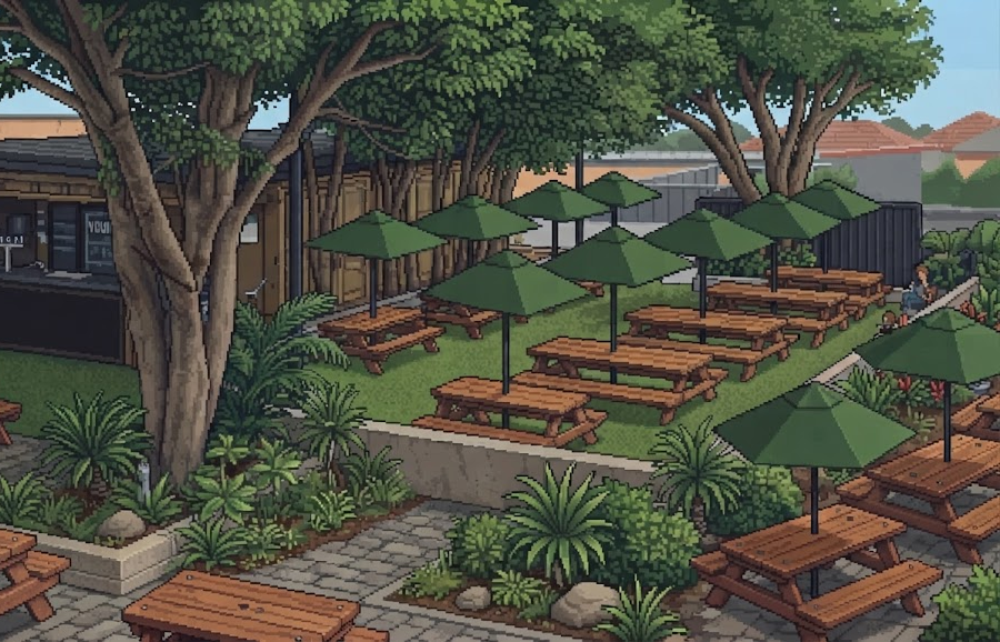 Pixel-art illustration of the Tempe Hotel beer garden, with picnic tables and green umbrellas under large trees